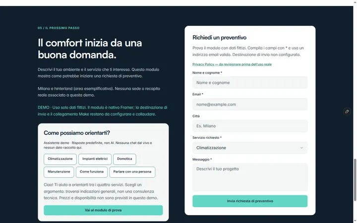 Assistente con argomenti predefiniti accanto al modulo di richiesta di preventivo