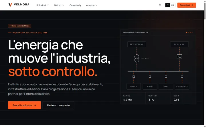 Home di Velmora su computer: titolo "L’energia che muove l’industria, sotto controllo" e schema di un impianto