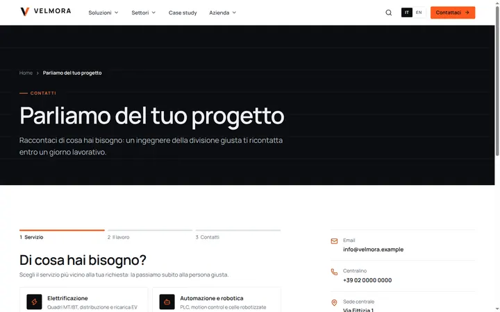 Modulo di preventivo di Velmora al primo passaggio: scelta del servizio