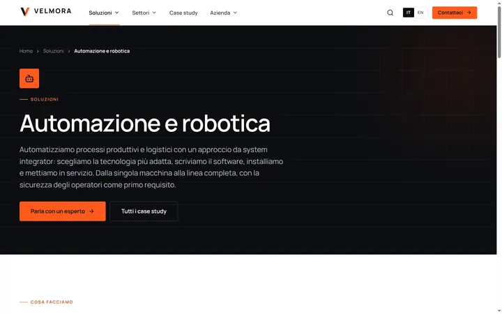 Pagina di un servizio di Velmora: automazione e robotica